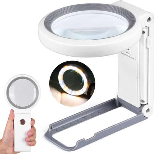 Magnifying Glass with Light and Stand, Folding Handheld Magnifying Glass 18 LED Illuminated Lighted Magnifier