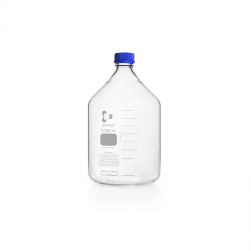 Laboratory Bottle 5000ml DURAN, clear, GL45 with screw cap and pouring ring, PP, blue,
