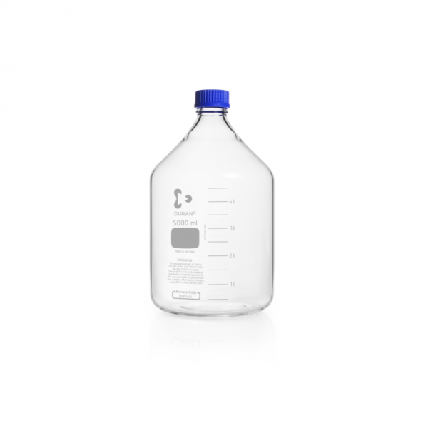 Laboratory Bottle 5000ml DURAN, clear, GL45 with screw cap and pouring ring, PP, blue, Laboratory Bottle 5000ml DURAN, clear, GL45 with screw cap and pouring ring, PP, blue,