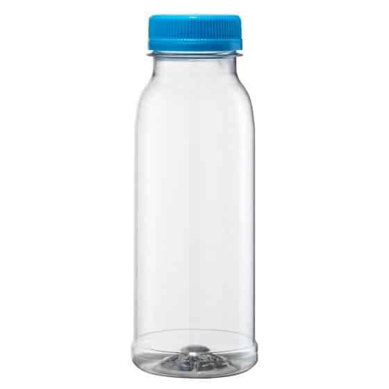 Bottle, 250 ml, clear, PET, 38 mm, slight blue, foam liner Cap Box of 53