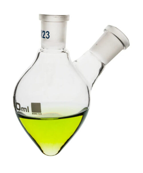 Flask, 50ml - 2 Necks, 14/23 Joint & Side Socket - Borosilicate Glass, Pear Shape Flask, 50ml - 2 Necks, 14/23 Joint & Side Socket - Borosilicate Glass, Pear Shape