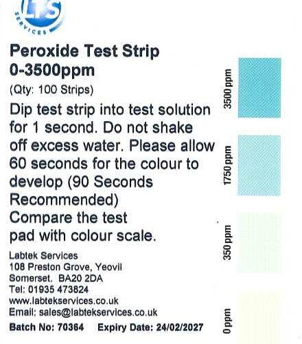 Peroxide Test Strip 0-1750-3500ppm vial of 100 strips